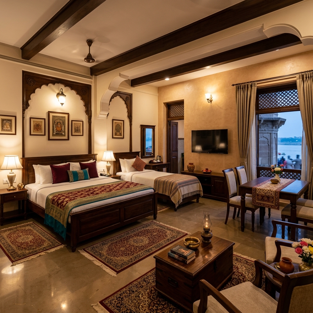 Spacious Family Suite with multiple beds and dining table at Krishna Villa