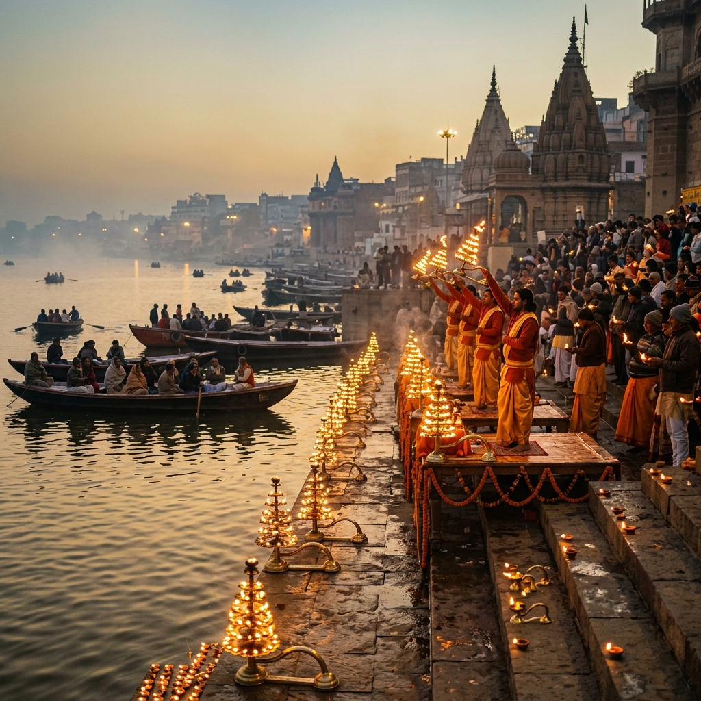 Beautiful Ganga Aarti rituals on the Varanasi Ghats at dawn